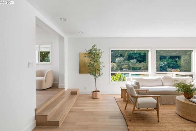 living room with wood finished floors, baseboards, and recessed lighting