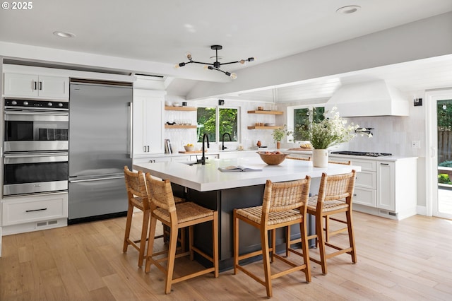 kitchen with appliances with stainless steel finishes, custom exhaust hood, a chandelier, a sink, and decorative backsplash