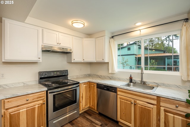 kitchen featuring a sink, light countertops, dark wood-style floors, under cabinet range hood, and stainless steel appliances