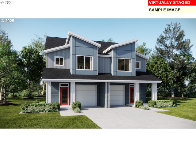contemporary home featuring an attached garage, concrete driveway, a shingled roof, and a front yard