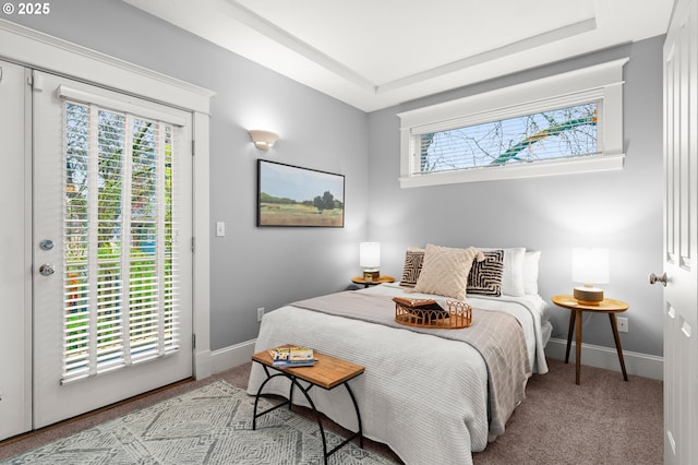 bedroom with light carpet and access to outside