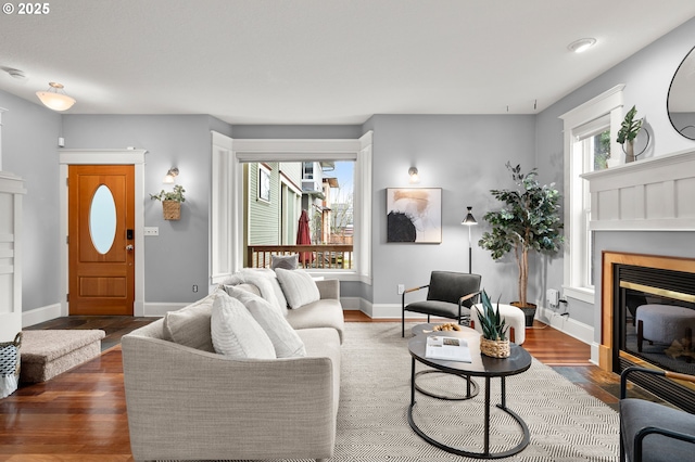 living room featuring dark wood-type flooring