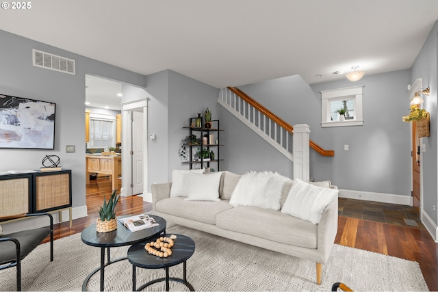 living room with dark wood-type flooring