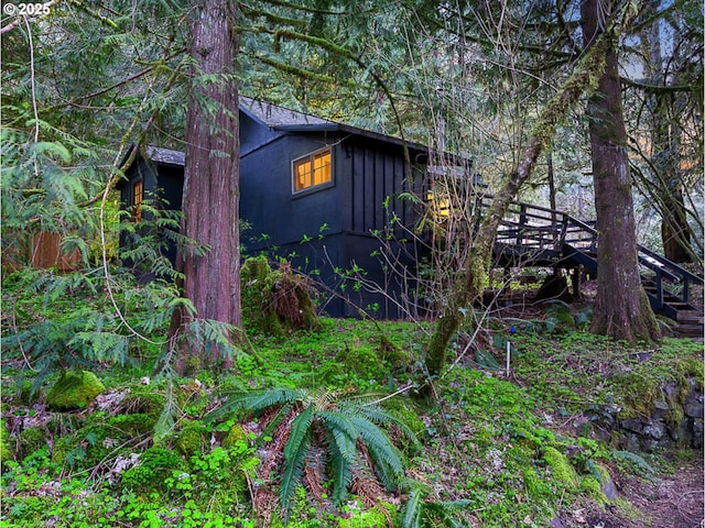 view of home's exterior with board and batten siding