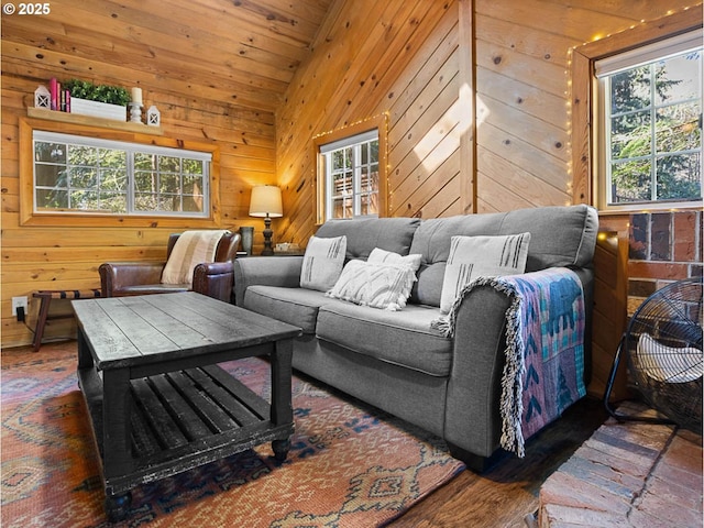 living area with wooden walls, vaulted ceiling, and a healthy amount of sunlight