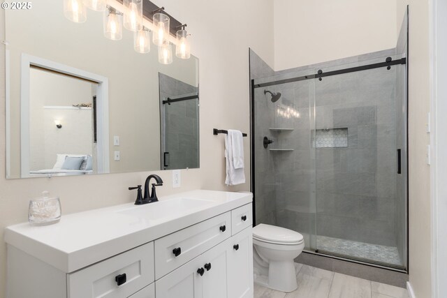 carpeted bedroom with lofted ceiling, sink, and ensuite bath