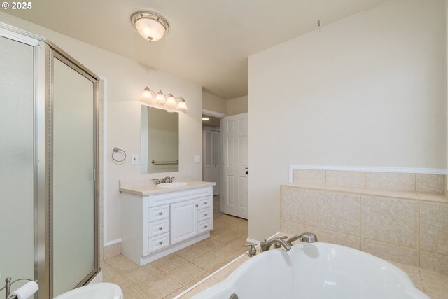 full bathroom with tile patterned flooring, shower with separate bathtub, tile walls, and toilet