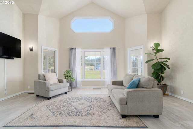 foyer entrance featuring light hardwood / wood-style flooring, high vaulted ceiling, and plenty of natural light