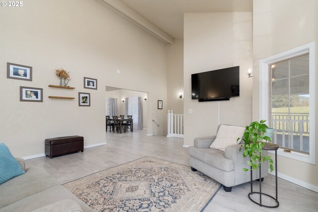 living room featuring high vaulted ceiling