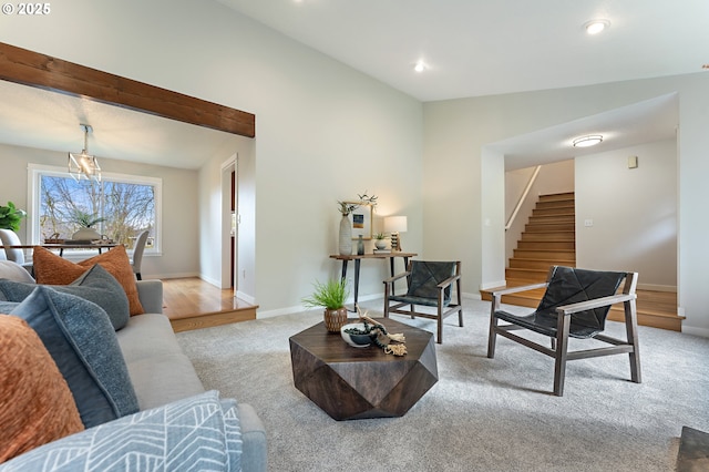 living area featuring stairs, recessed lighting, carpet, and baseboards