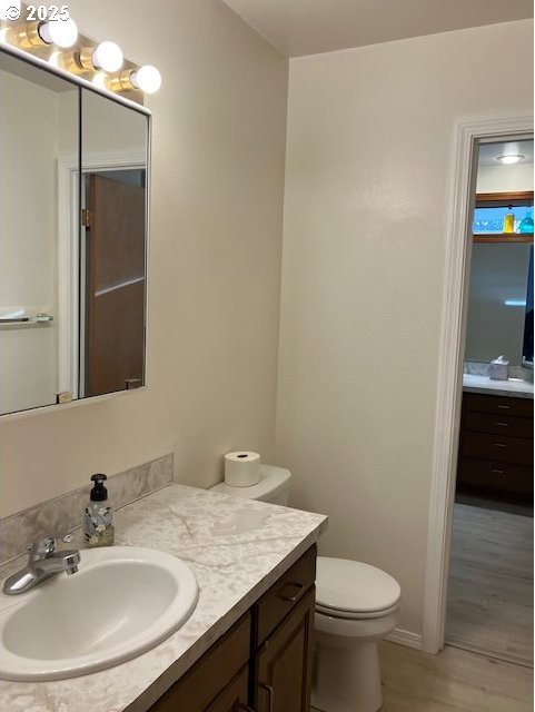 bathroom with toilet, vanity, and wood finished floors