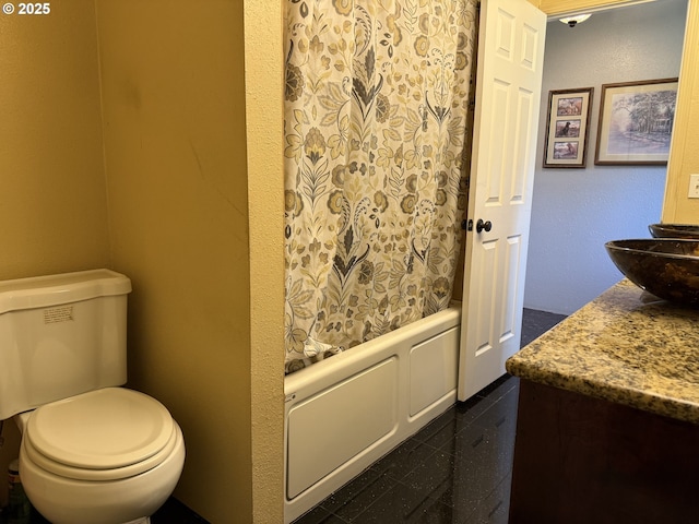 31431 Fairview Rd, Rainier, OR 97048 - bathroom with vanity, toilet, granite floors, and shower / bathtub combination with curtain