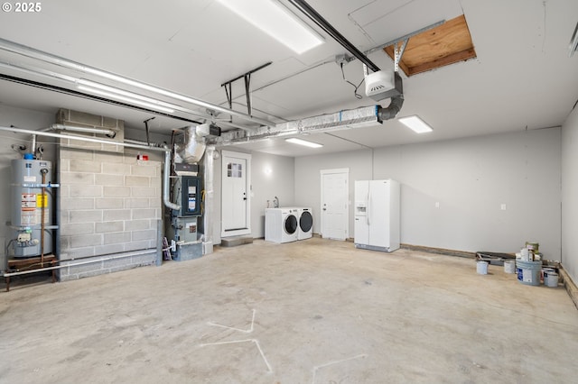 18240 SW Jay St, Beaverton, OR 97003 - garage with white refrigerator with ice dispenser, washer and clothes dryer, secured water heater, a garage door opener, and heating unit