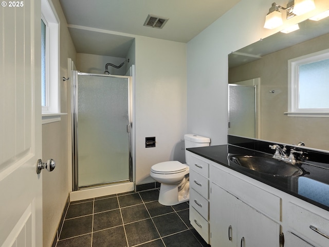 full bath with a healthy amount of sunlight, tile patterned flooring, a stall shower, and visible vents