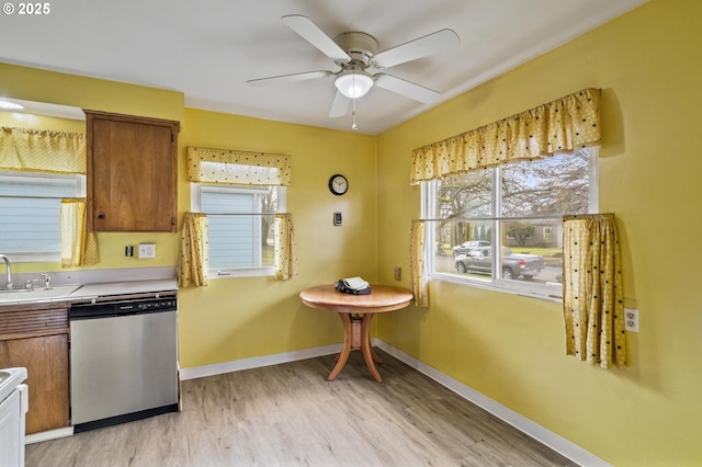 kitchen with ceiling fan, stainless steel dishwasher, light hardwood / wood-style floors, and sink