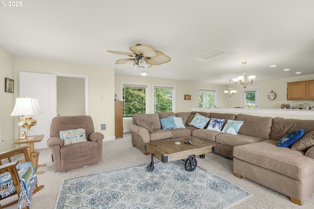 727 SW Bard Rd, Lincoln City, OR 97367 - living area featuring a chandelier, light colored carpet, a ceiling fan, baseboards, and recessed lighting