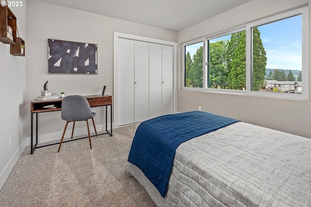 carpeted bedroom with a closet