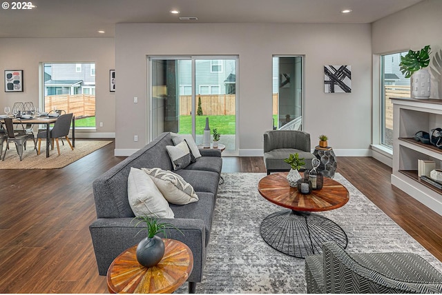 living room with dark hardwood / wood-style flooring