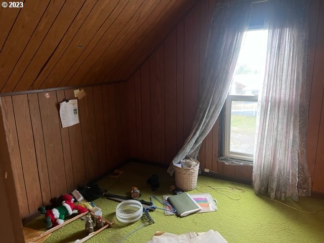 additional living space featuring wooden walls, vaulted ceiling, wooden ceiling, and a healthy amount of sunlight