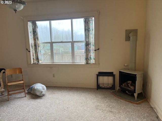 miscellaneous room featuring carpet flooring and a wood stove