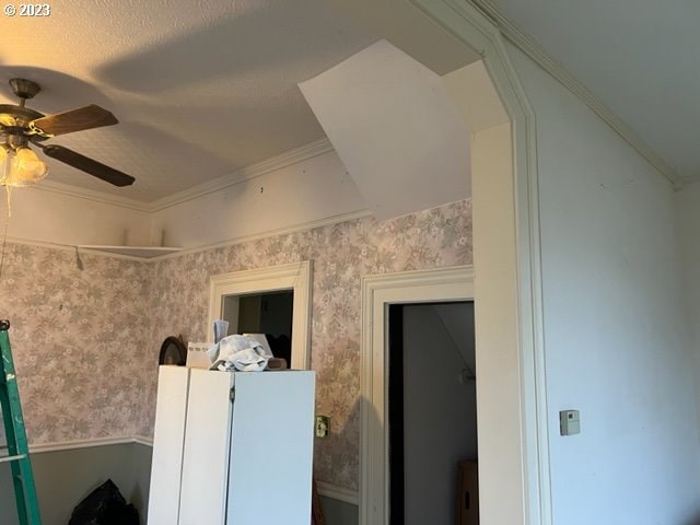 interior space featuring ceiling fan, a textured ceiling, and crown molding