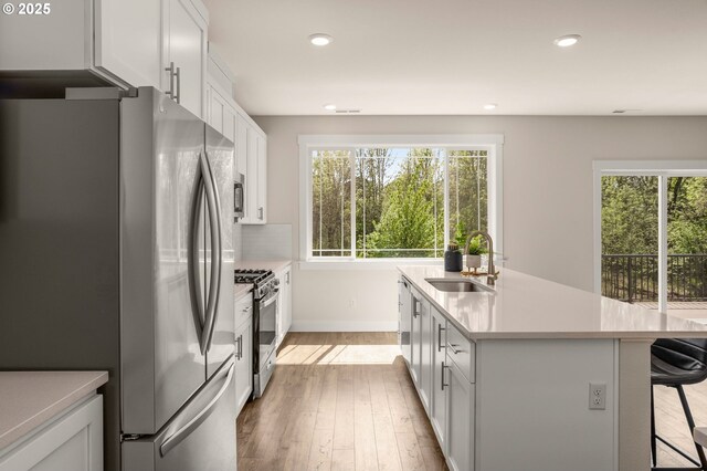 kitchen with a kitchen breakfast bar, a sink, light wood finished floors, stainless steel appliances, and an island with sink