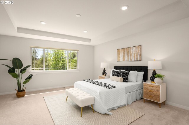bedroom featuring baseboards, light carpet, a tray ceiling, and recessed lighting