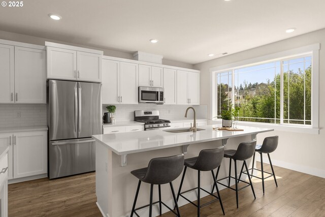 kitchen featuring a sink, decorative backsplash, appliances with stainless steel finishes, and wood finished floors