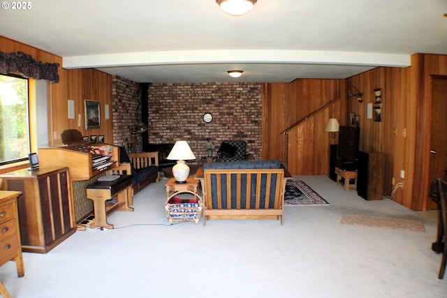 924 Lou Gray Dr, Myrtle Creek, OR 97457 - living room with wood walls, a wood stove, and carpet flooring