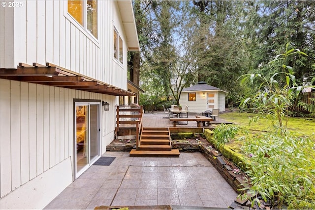 3520 Red Cedar Way, Lake Oswego, OR 97035 - view of patio featuring an outbuilding, a deck, and outdoor dining area