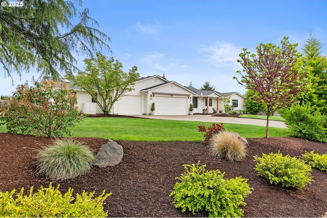 single story home with an attached garage, a front lawn, and driveway