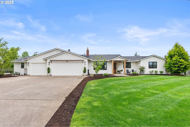 ranch-style home with concrete driveway, a chimney, a front yard, and a garage