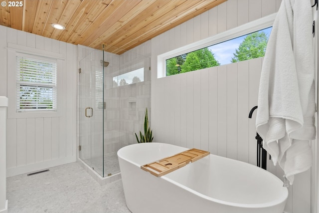 bathroom with wood ceiling, recessed lighting, a shower stall, visible vents, and a soaking tub