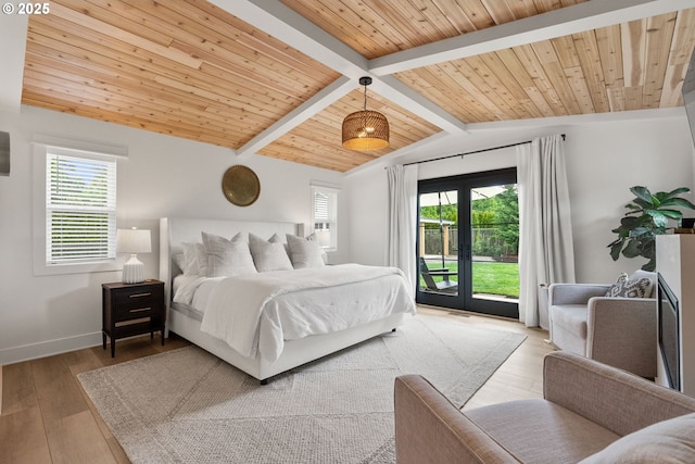 bedroom featuring wood ceiling, access to exterior, light wood-type flooring, baseboards, and vaulted ceiling with beams