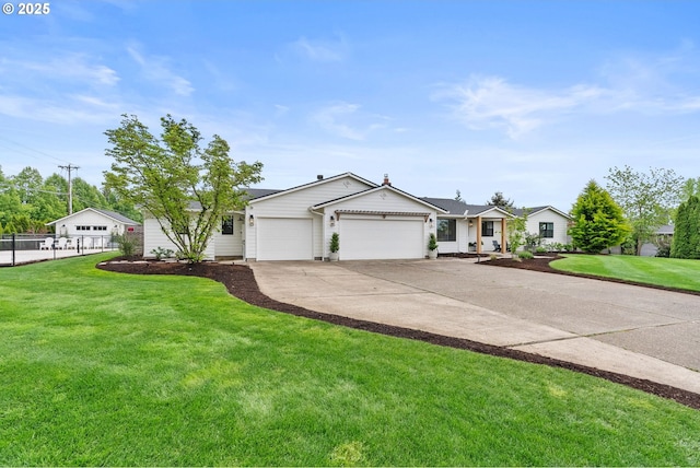 ranch-style house with a garage, a front lawn, fence, and driveway