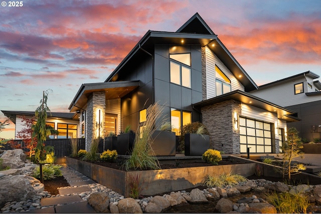 NE 43rd Cir Lot 5, Camas, WA 98607 - contemporary house featuring stone siding and driveway