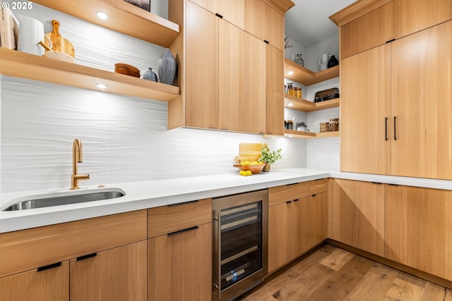 NE 43rd Cir Lot 5, Camas, WA 98607 - kitchen featuring open shelves, beverage cooler, a sink, and tasteful backsplash