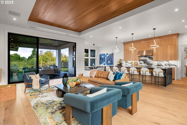 NE 43rd Cir Lot 5, Camas, WA 98607 - living area with a raised ceiling, light wood-type flooring, wood ceiling, and recessed lighting