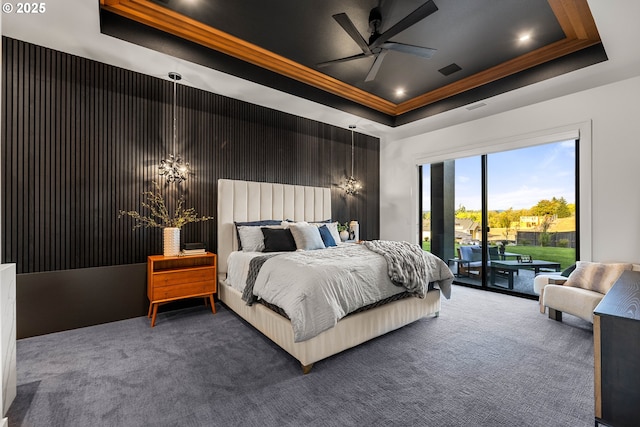 NE 43rd Cir Lot 5, Camas, WA 98607 - carpeted bedroom with a tray ceiling, a chandelier, access to exterior, ornamental molding, and ceiling fan