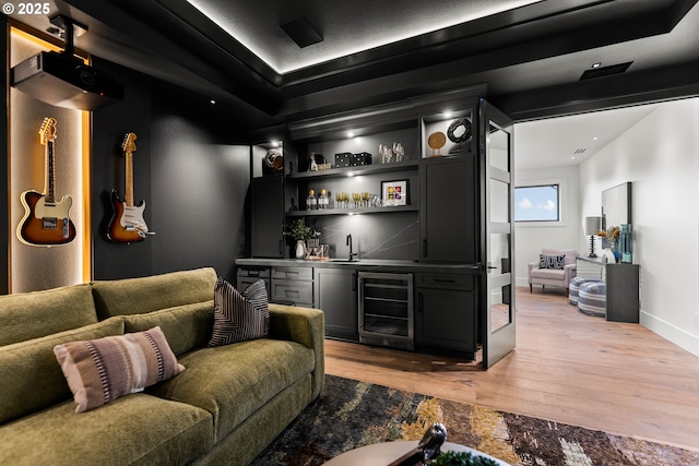 NE 43rd Cir Lot 5, Camas, WA 98607 - indoor wet bar featuring beverage cooler, light wood-style floors, baseboards, and refrigerator