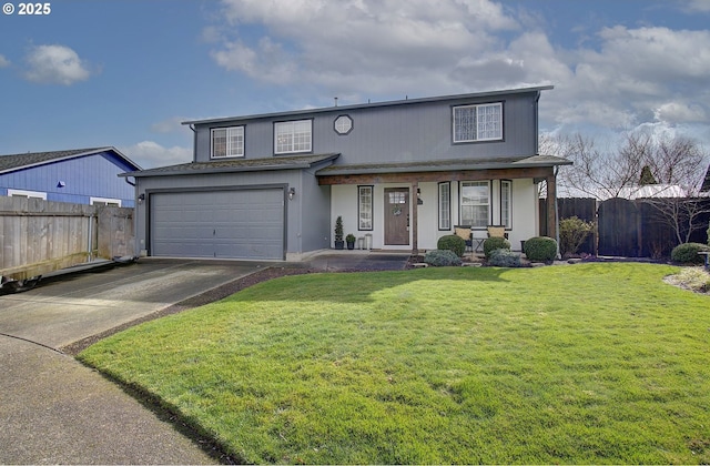 traditional-style home with a porch, fence, a front lawn, and driveway