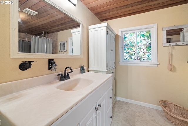 22345 S Poplar Rd, Estacada, OR 97023 - bathroom featuring wooden ceiling, vanity, marble look tiles, and a shower with shower curtain