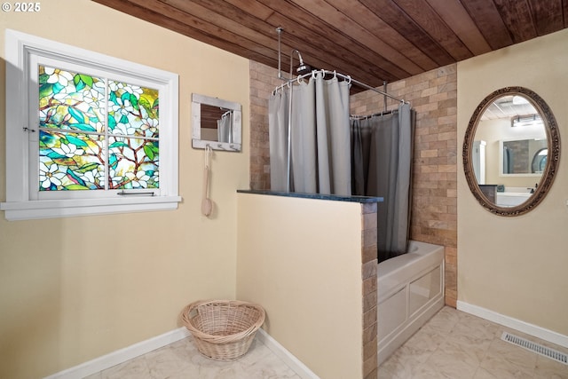 22345 S Poplar Rd, Estacada, OR 97023 - full bathroom with marble look tile flooring, wood ceiling, and shower / tub combo with curtain