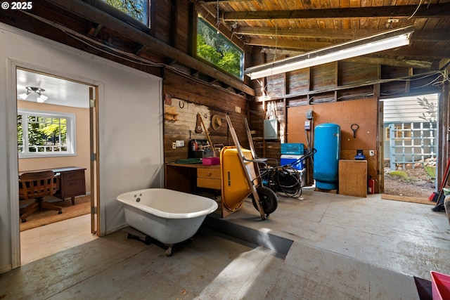 22345 S Poplar Rd, Estacada, OR 97023 - miscellaneous room with a desk, wood ceiling, lofted ceiling, and wood walls