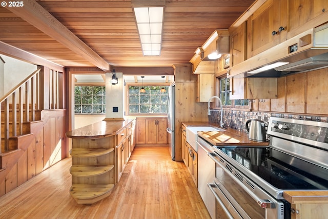 22345 S Poplar Rd, Estacada, OR 97023 - kitchen featuring stainless steel appliances, open shelves, under cabinet range hood, light wood-style flooring, and wood ceiling