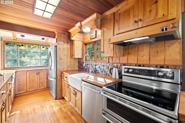 22345 S Poplar Rd, Estacada, OR 97023 - kitchen featuring stainless steel appliances, wooden ceiling, under cabinet range hood, light wood finished floors, and decorative backsplash