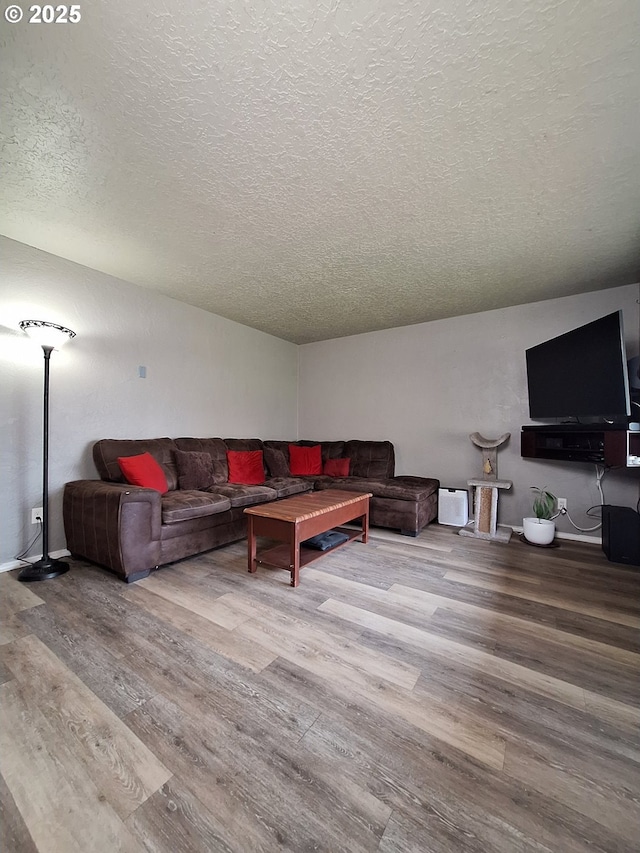 living room with wood-type flooring and a textured ceiling