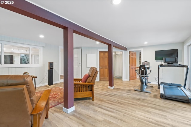 2245 SW Martha St, Portland, OR 97239 - exercise room featuring light wood-type flooring and recessed lighting