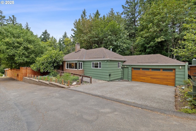 2245 SW Martha St, Portland, OR 97239 - ranch-style house featuring a garden, a chimney, and roof with shingles