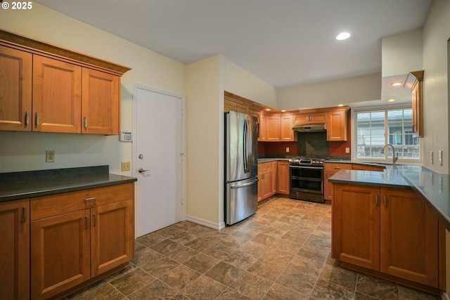 533 Fountain Ct, Keizer, OR 97303 - kitchen featuring stainless steel appliances, brown cabinetry, dark countertops, under cabinet range hood, and decorative backsplash